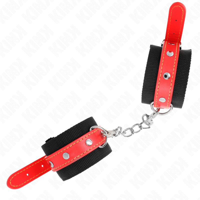 KINK - NYLON HANDGELENKFESSELN SCHWARZ MIT KUNSTLEDER ROT VERSTELLBAR 19-24 CM X 5,5 CM