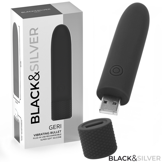 BLACK & SILVER - GERI USB WIEDERAUFLADBARER VIBRIERENDER BULLET 8 VIBRATIONEN SCHWARZ 10 X 2,2 CM